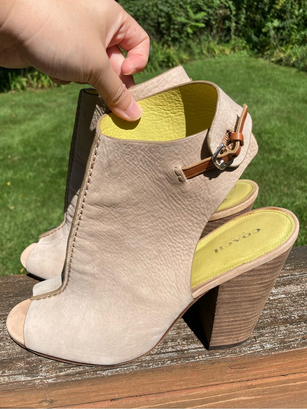 Coach Saratoga Tan Leather Peep Toe Cutout Bootie Heels Size 11B